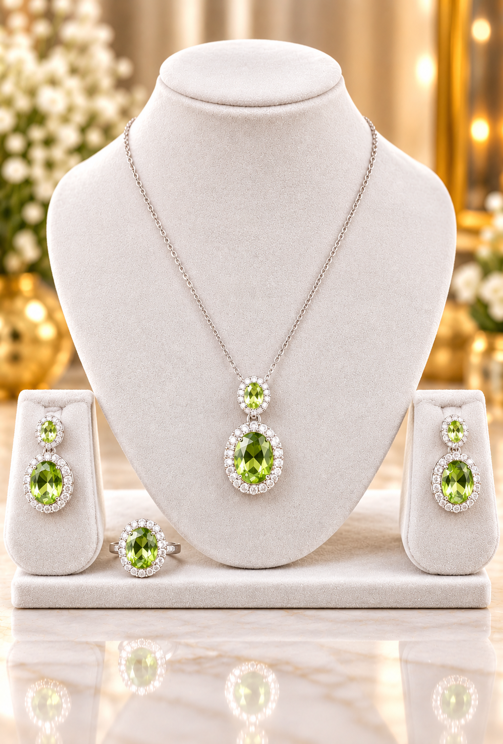 Silver necklace set with oval lime-green stones, matching earrings and ring