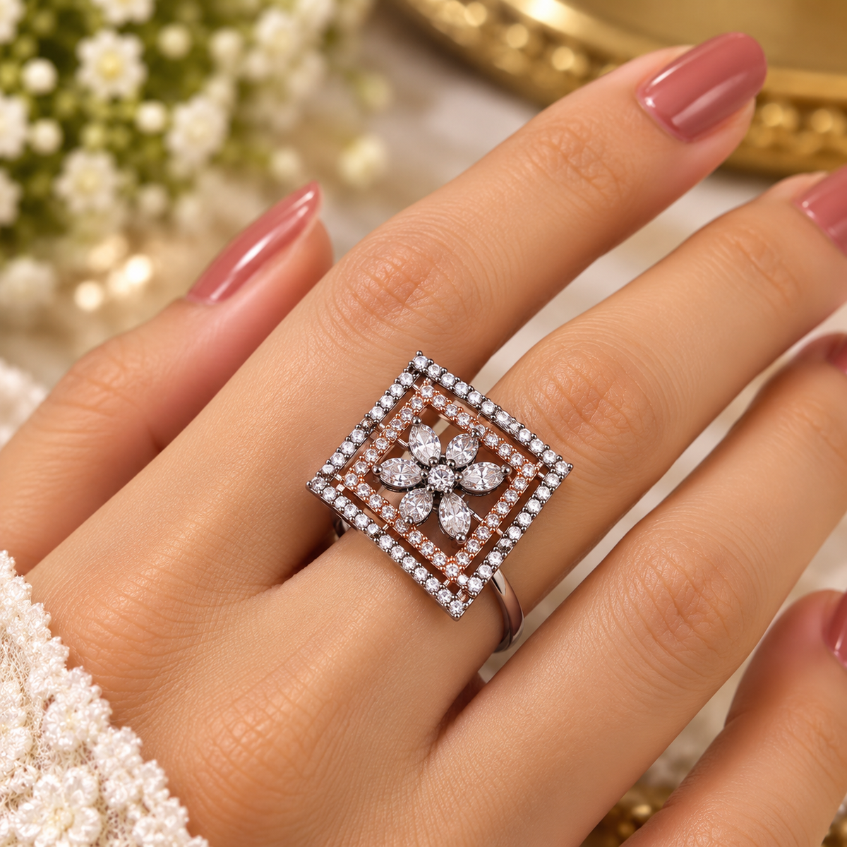 Square Floral Crystal Statement Ring for Women