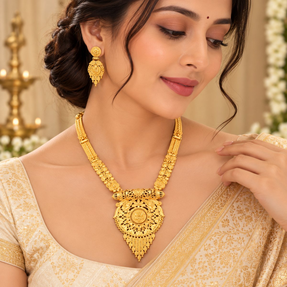 Gold-tone filigree necklace and drop earrings worn with a light dress.