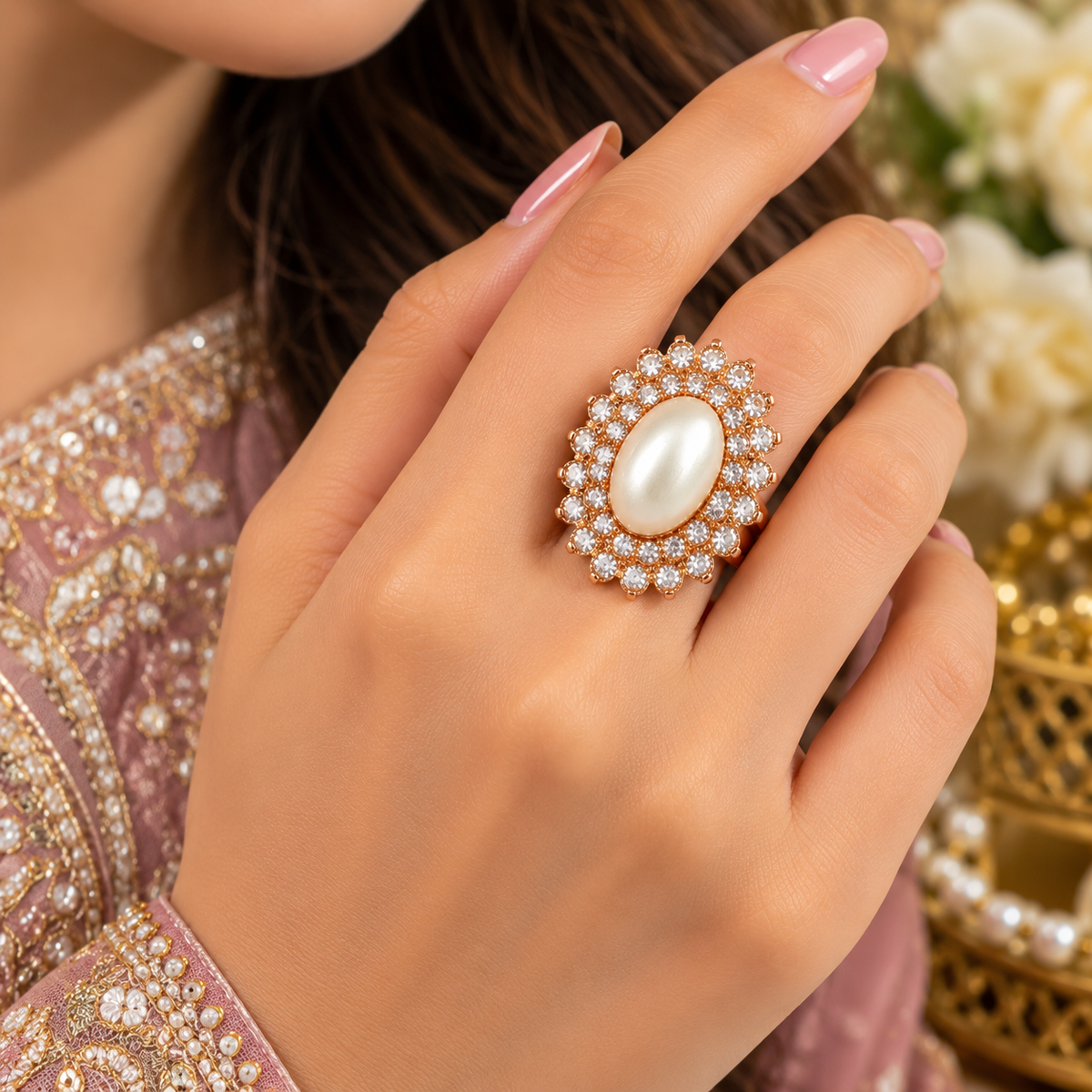 Oval pearl statement ring with round crystal halo on hand, rose gold tone