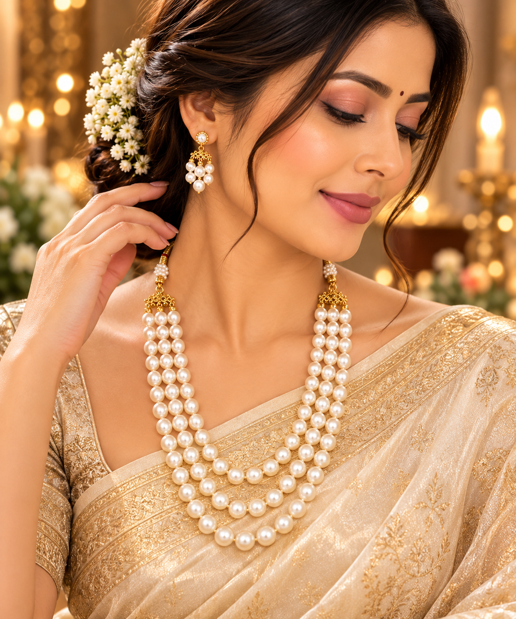 Pearl three-layer necklace worn with gold-tone bead accents and matching earrings