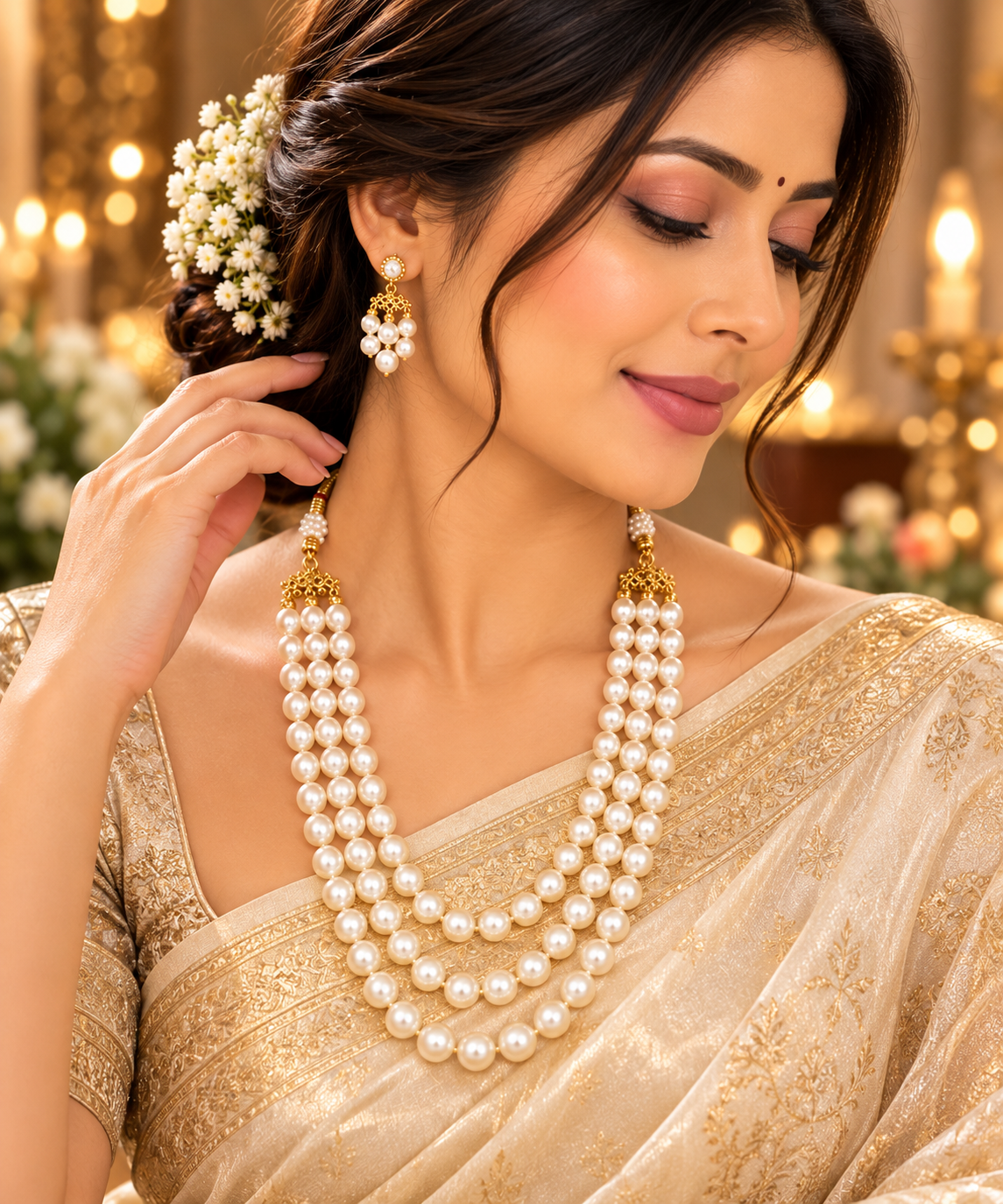 Pearl three-layer necklace worn with gold-tone bead accents and matching earrings