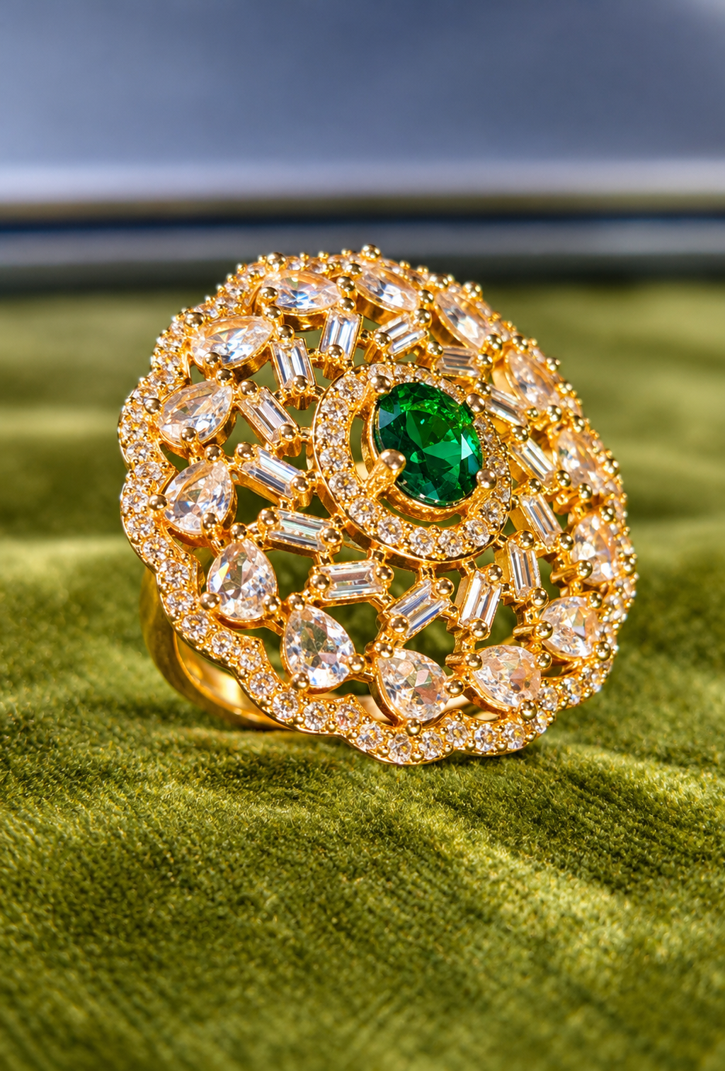 Emerald Green Oval Stone Gold-Tone Designer Statement Ring