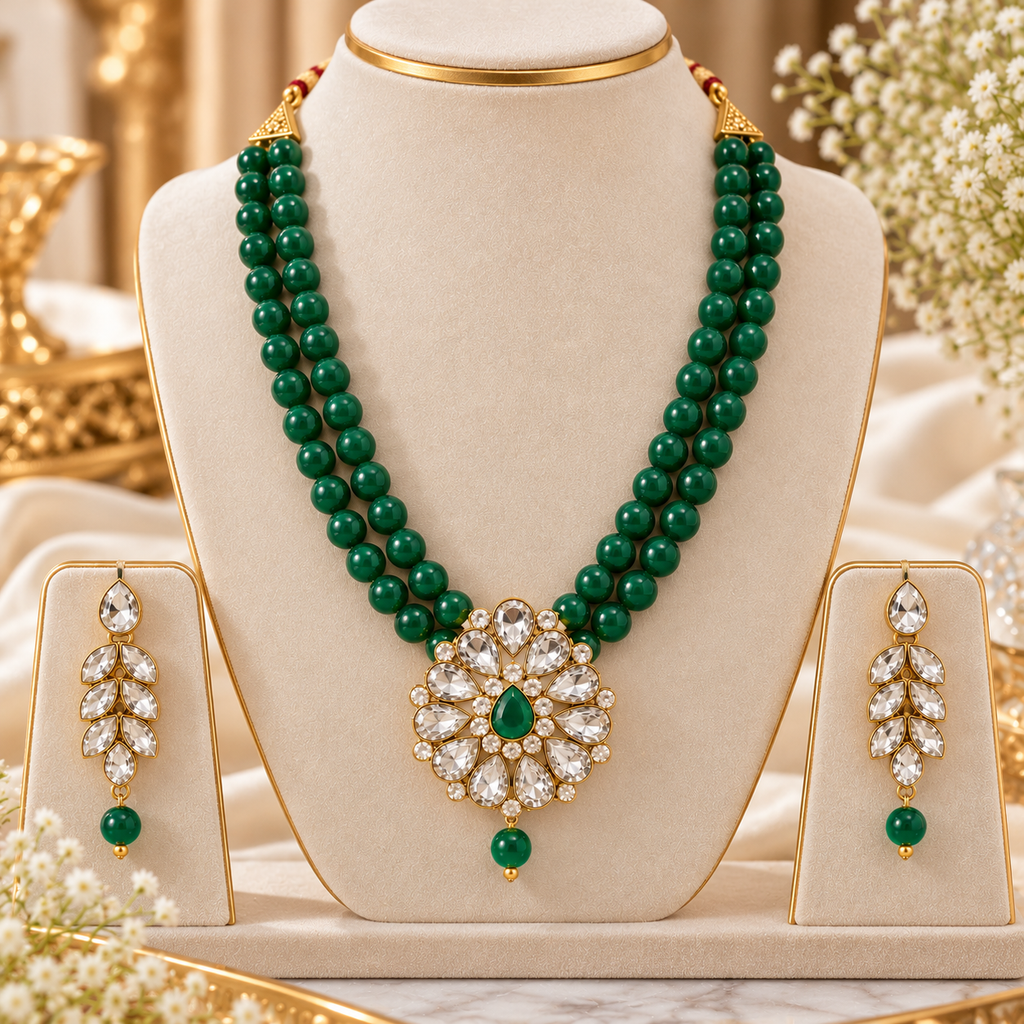 Emerald bead necklace set with floral pendant centerpiece and dangling earrings