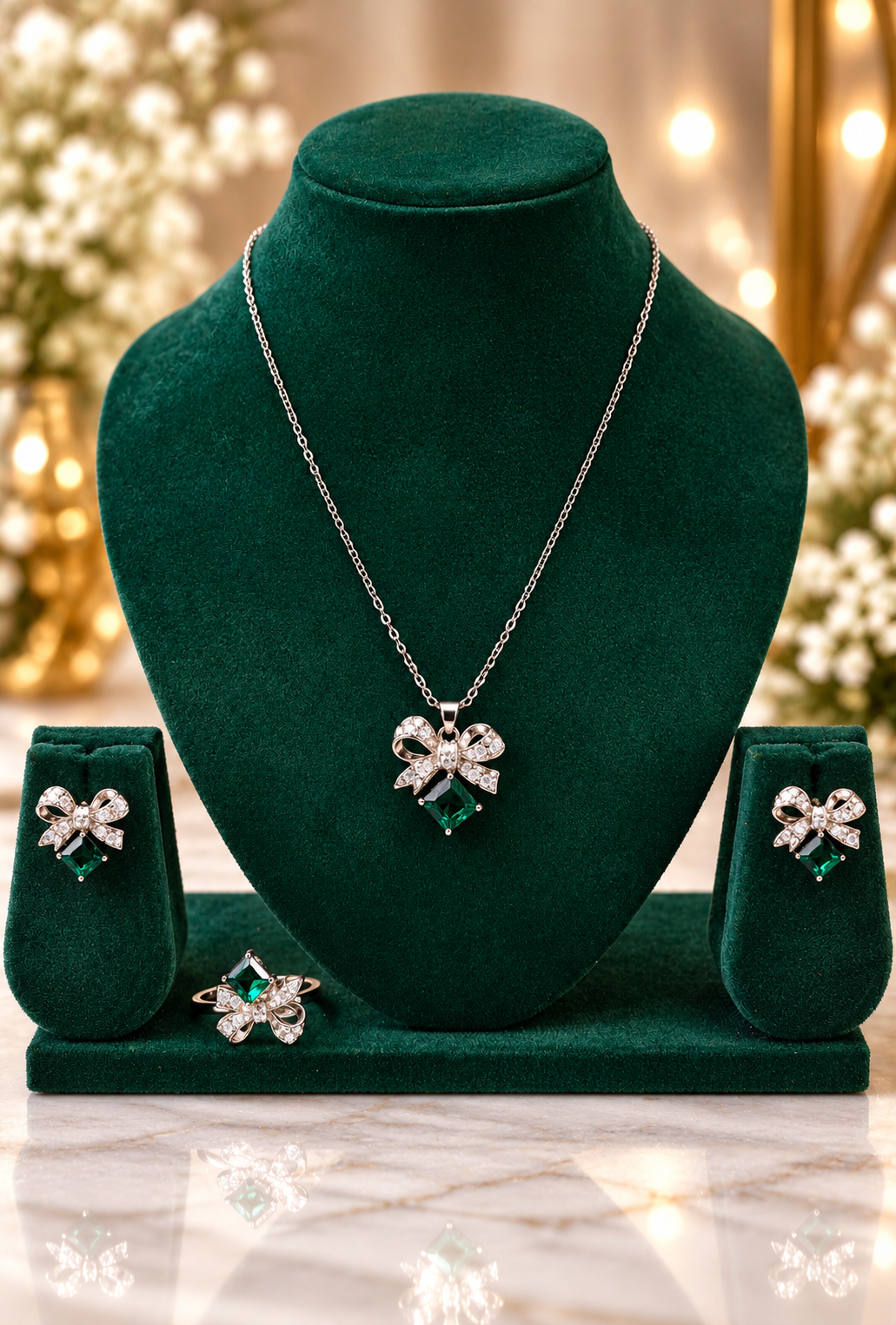 Emerald green bow pendant necklace with matching stud earrings and ring set
