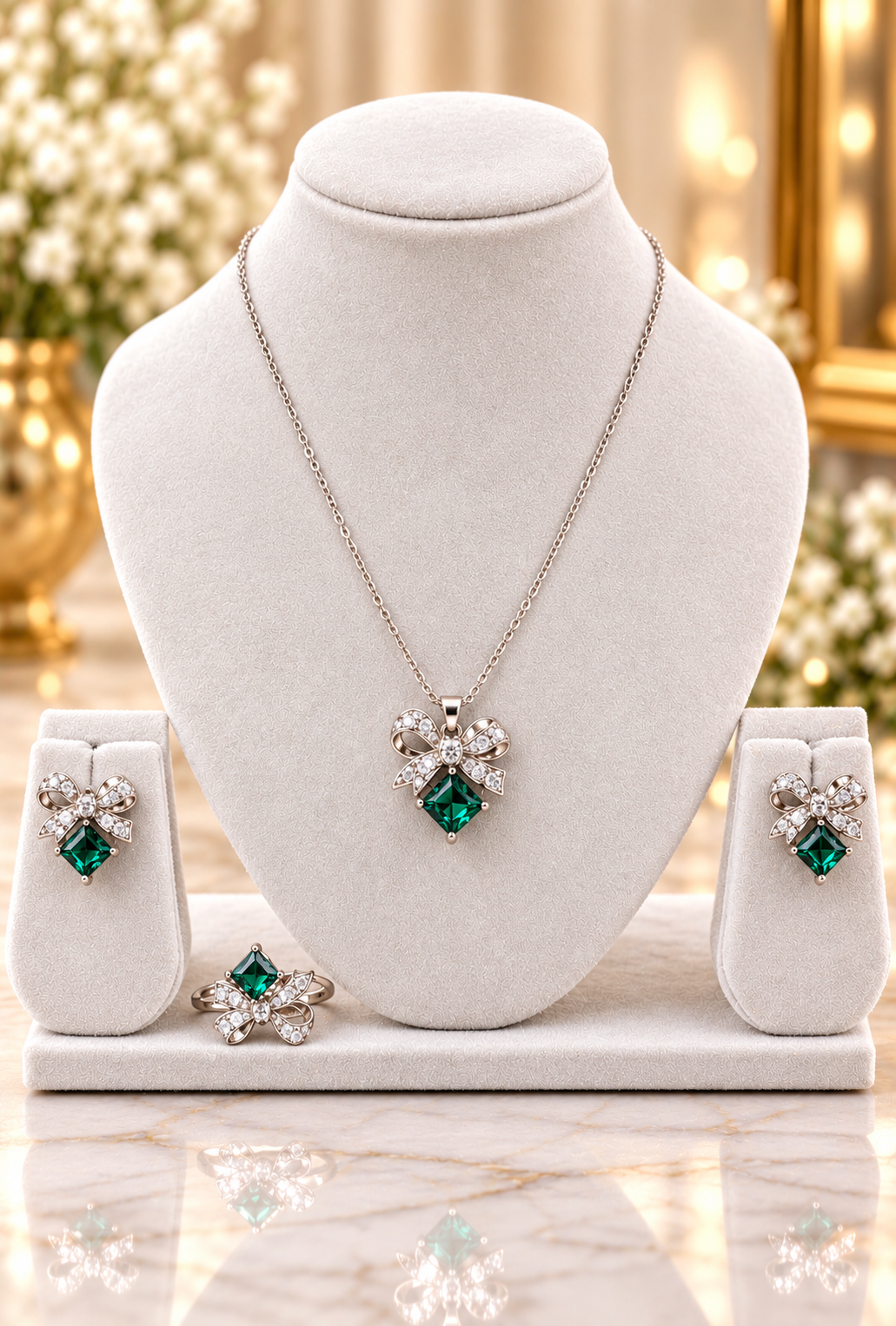 Emerald green bow pendant jewelry set: necklace with earrings and ring