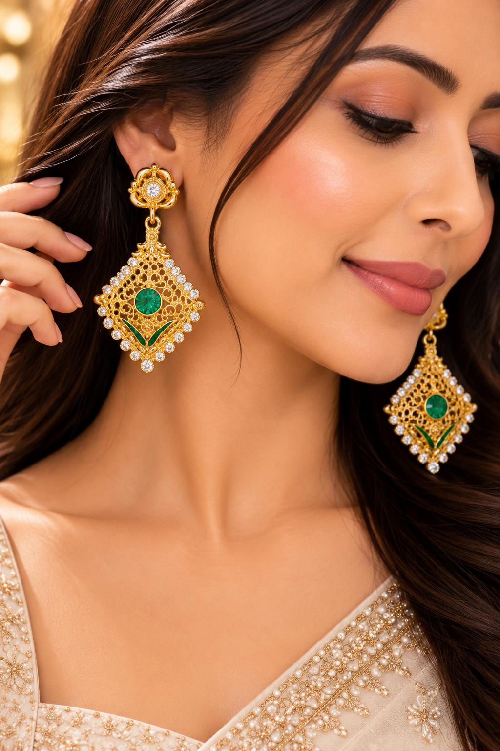 Gold-tone filigree drop earrings with emerald green center stone and crystal border