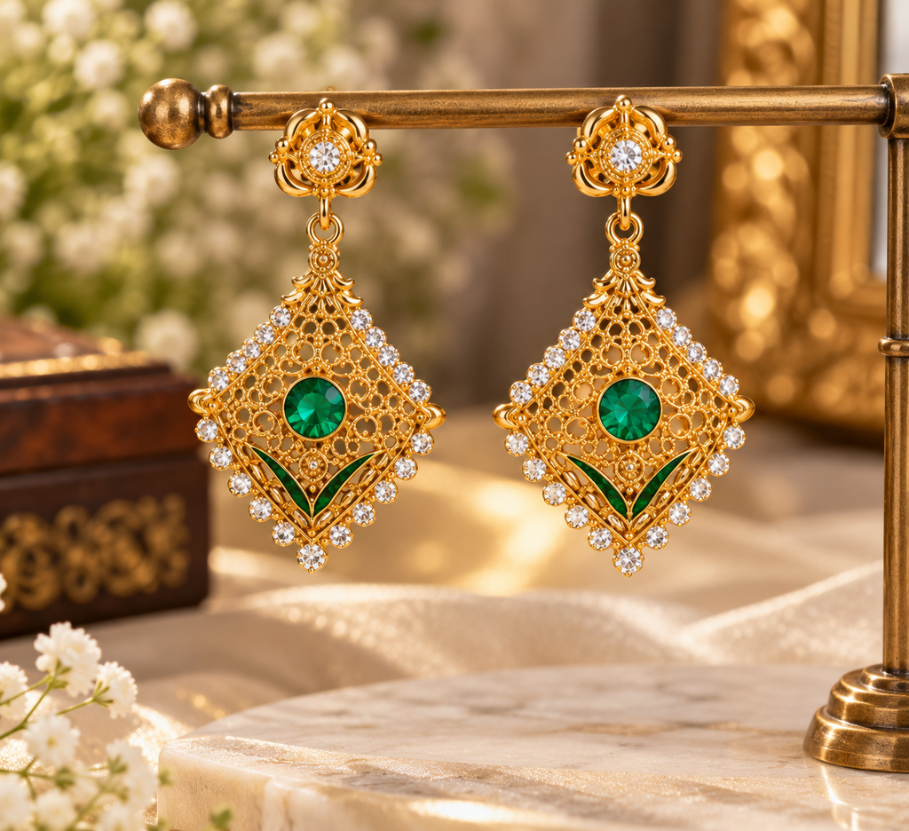 Gold-tone filigree drop earrings with emerald green center stone and dangling crystal details