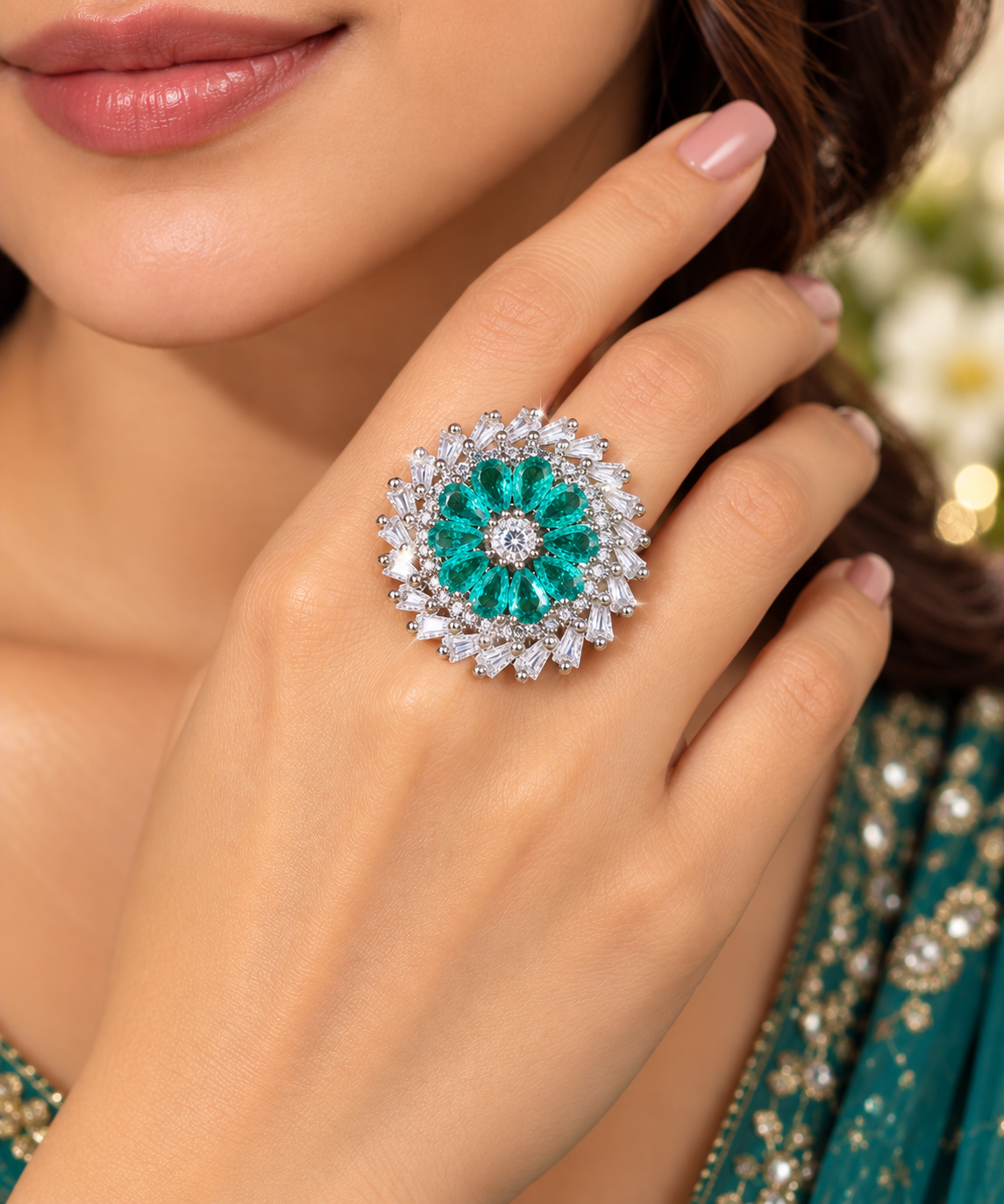 Emerald Green Floral Halo Silver-Tone Designer Ring