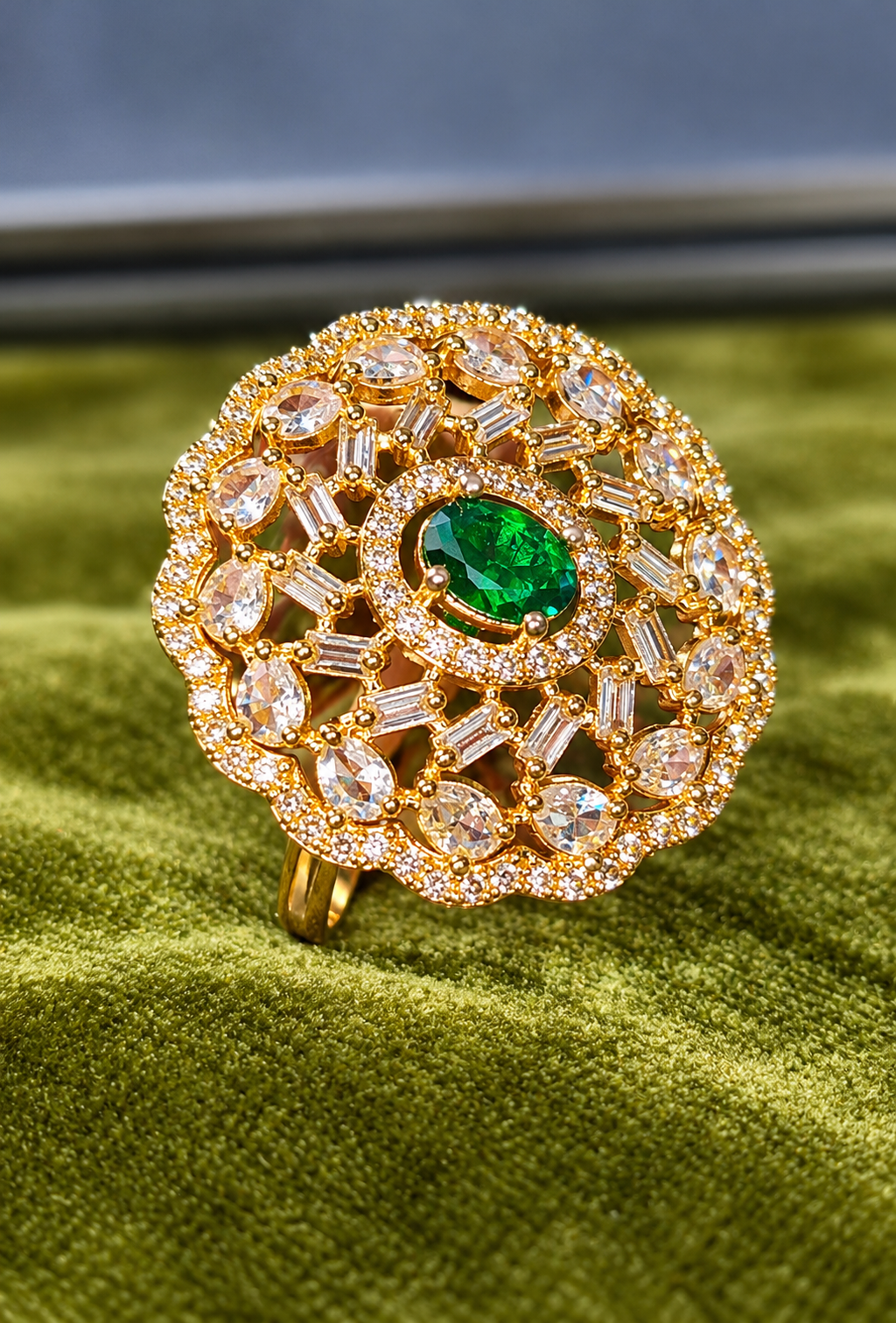 Emerald Green Oval Stone Gold-Tone Designer Statement Ring