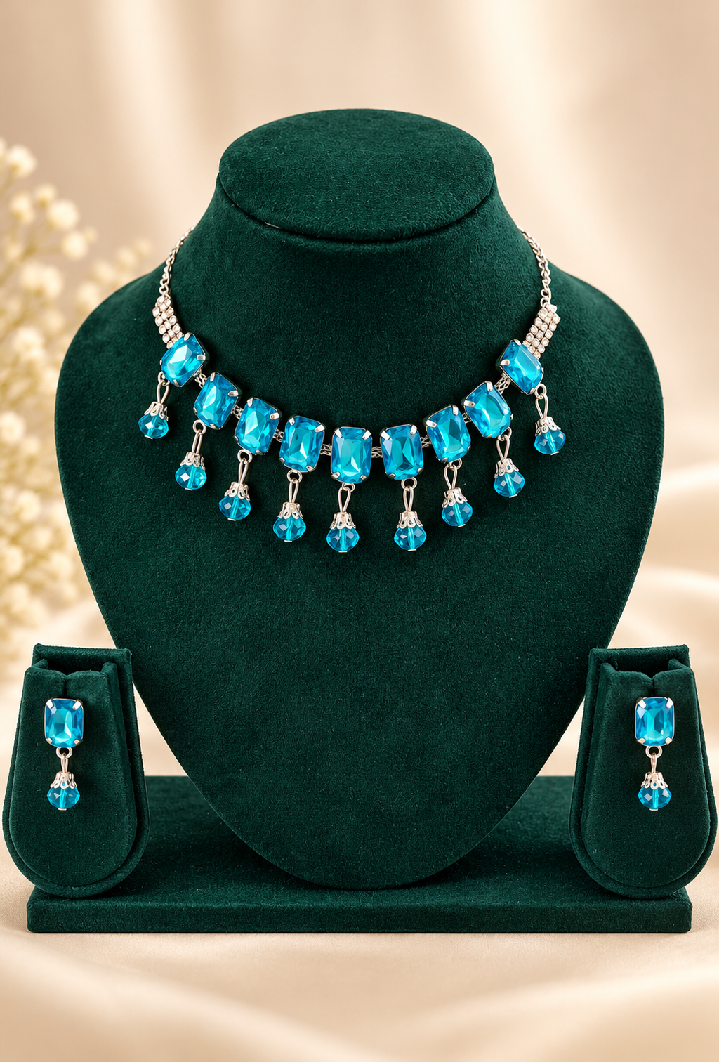 Turquoise blue stone necklace with silver-tone drop earrings set