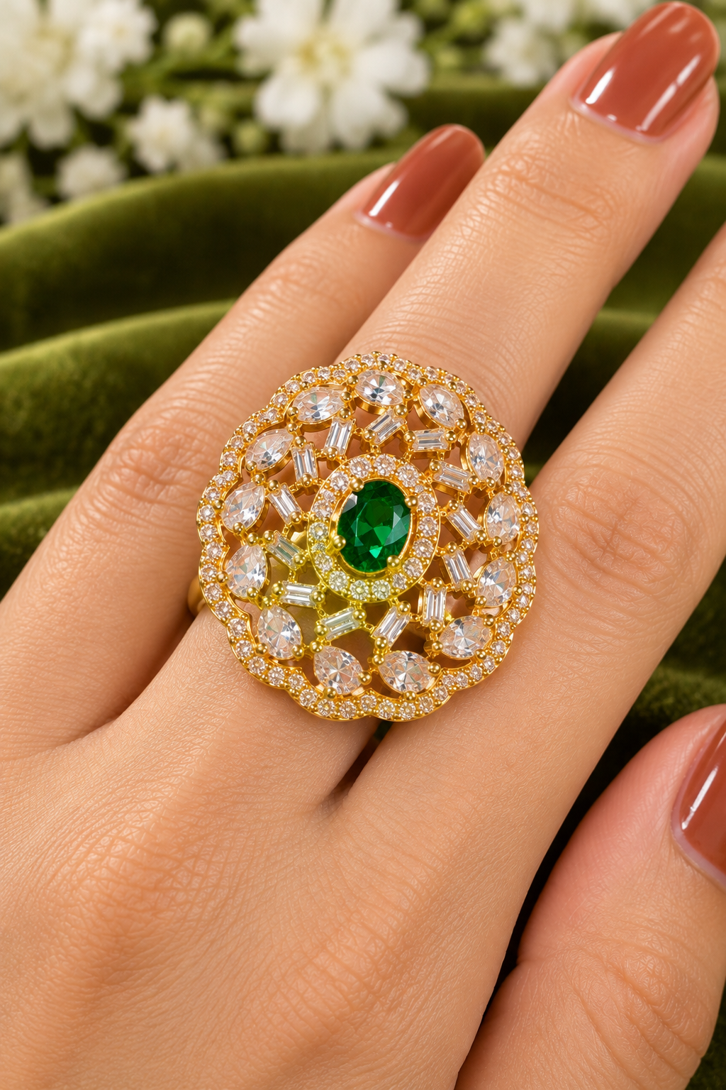Emerald Green Oval Stone Gold-Tone Designer Statement Ring