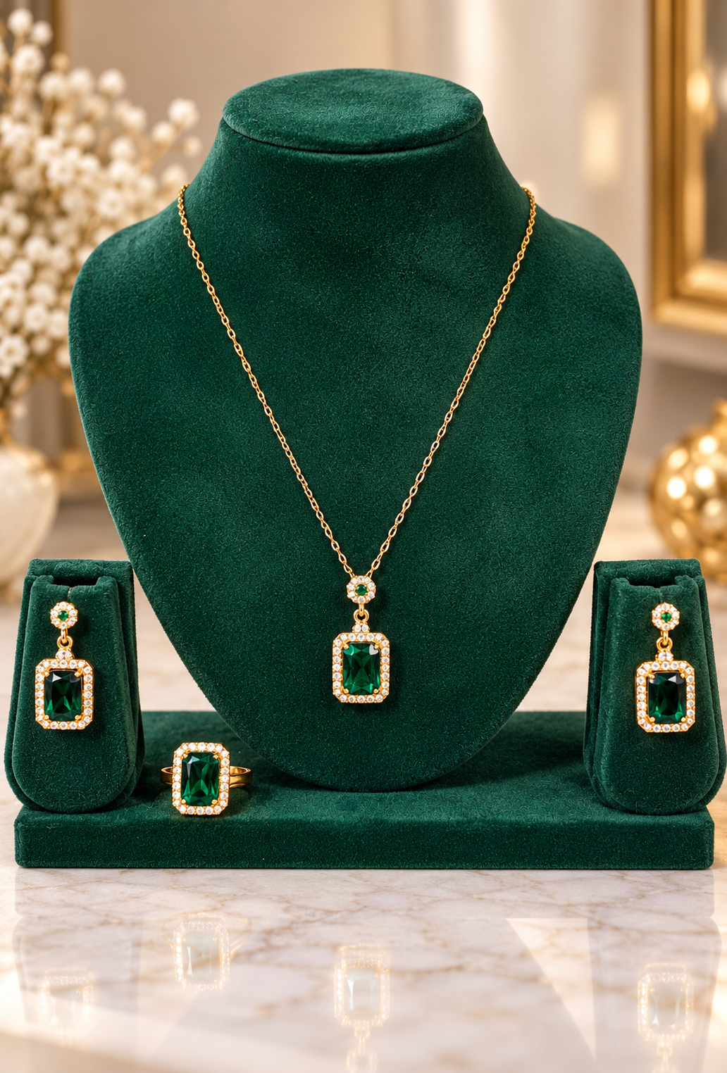 Rectangular green stone pendant necklace set with matching stud earrings and ring