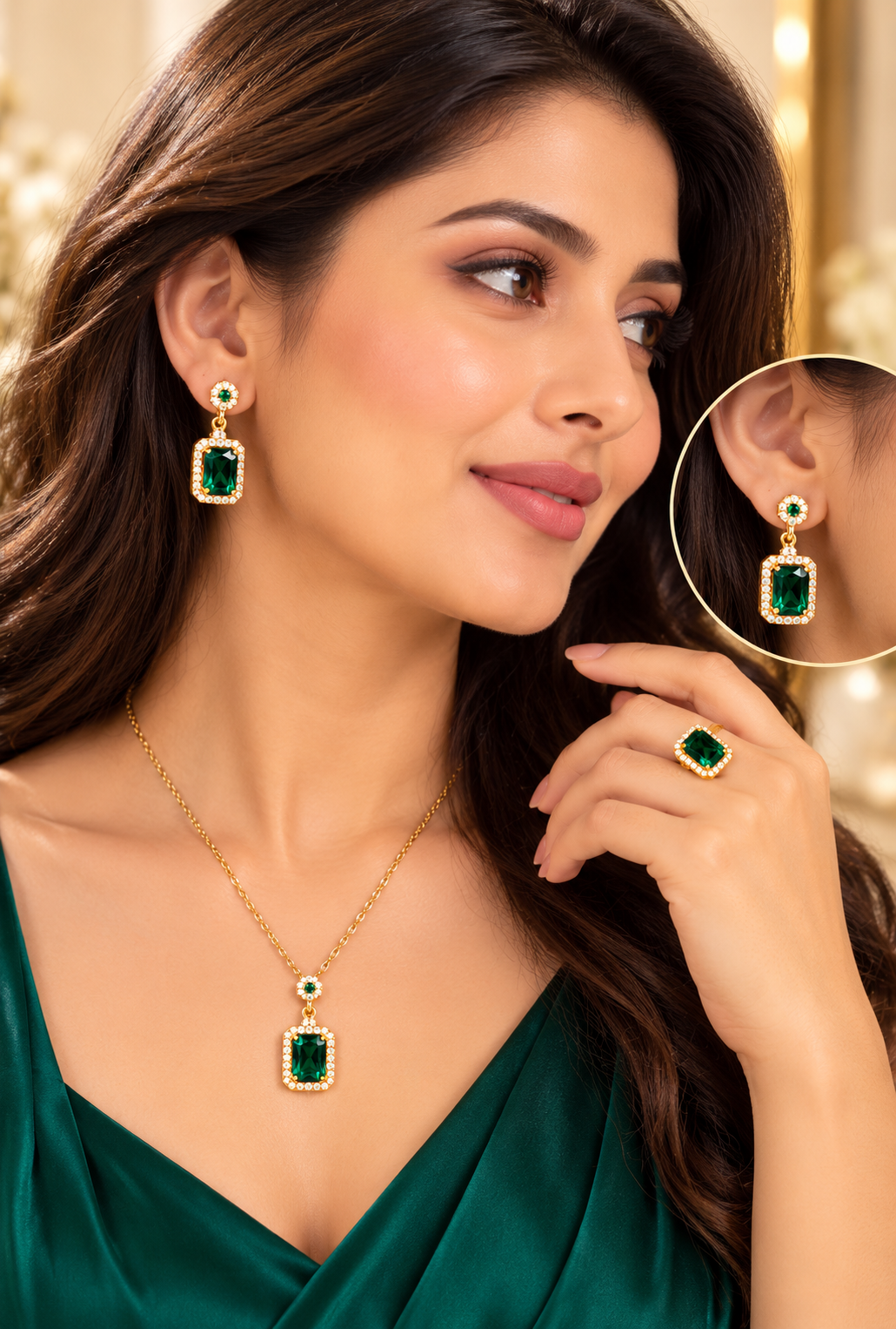 Green stone necklace with matching gold stud earrings and ring on model