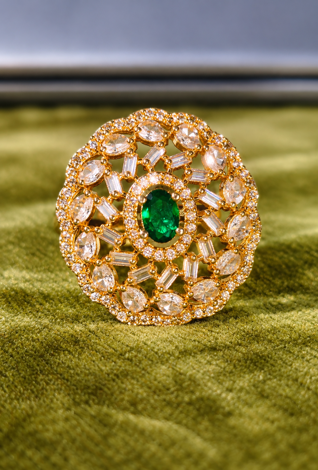 Emerald Green Oval Stone Gold-Tone Designer Statement Ring