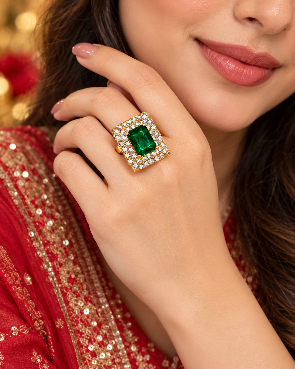 Rectangular emerald green statement ring with pavé halo on a hand