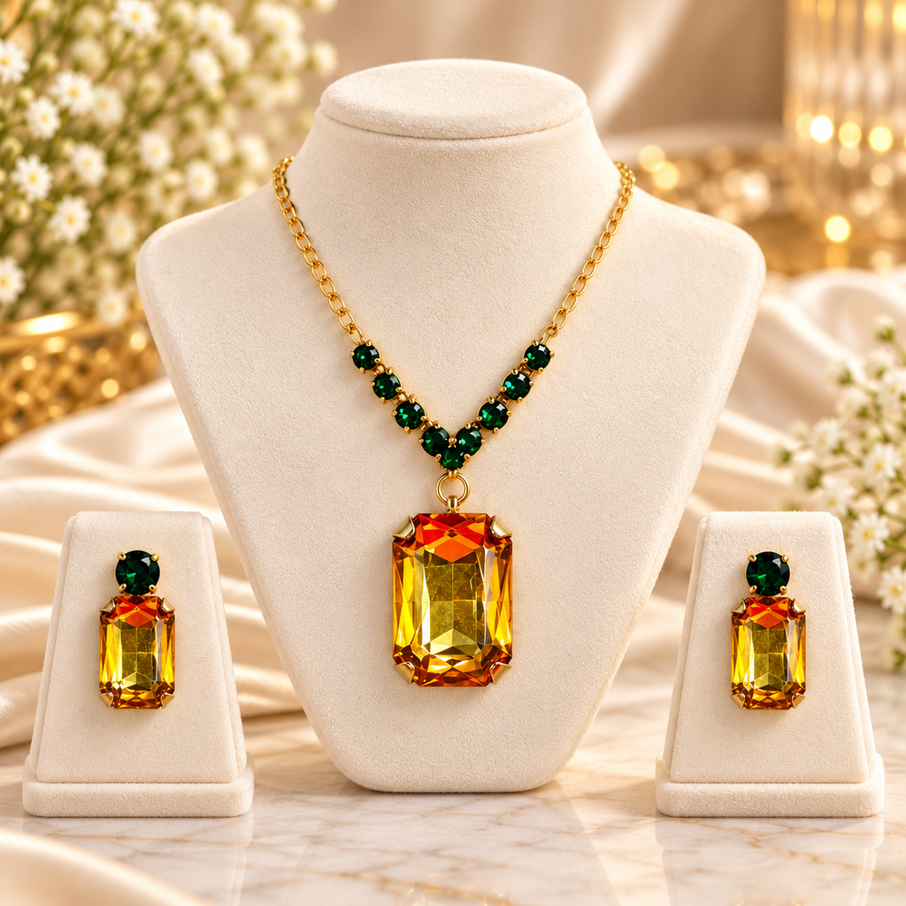 Amber rectangular pendant necklace with green bead V detail and matching rectangular earrings