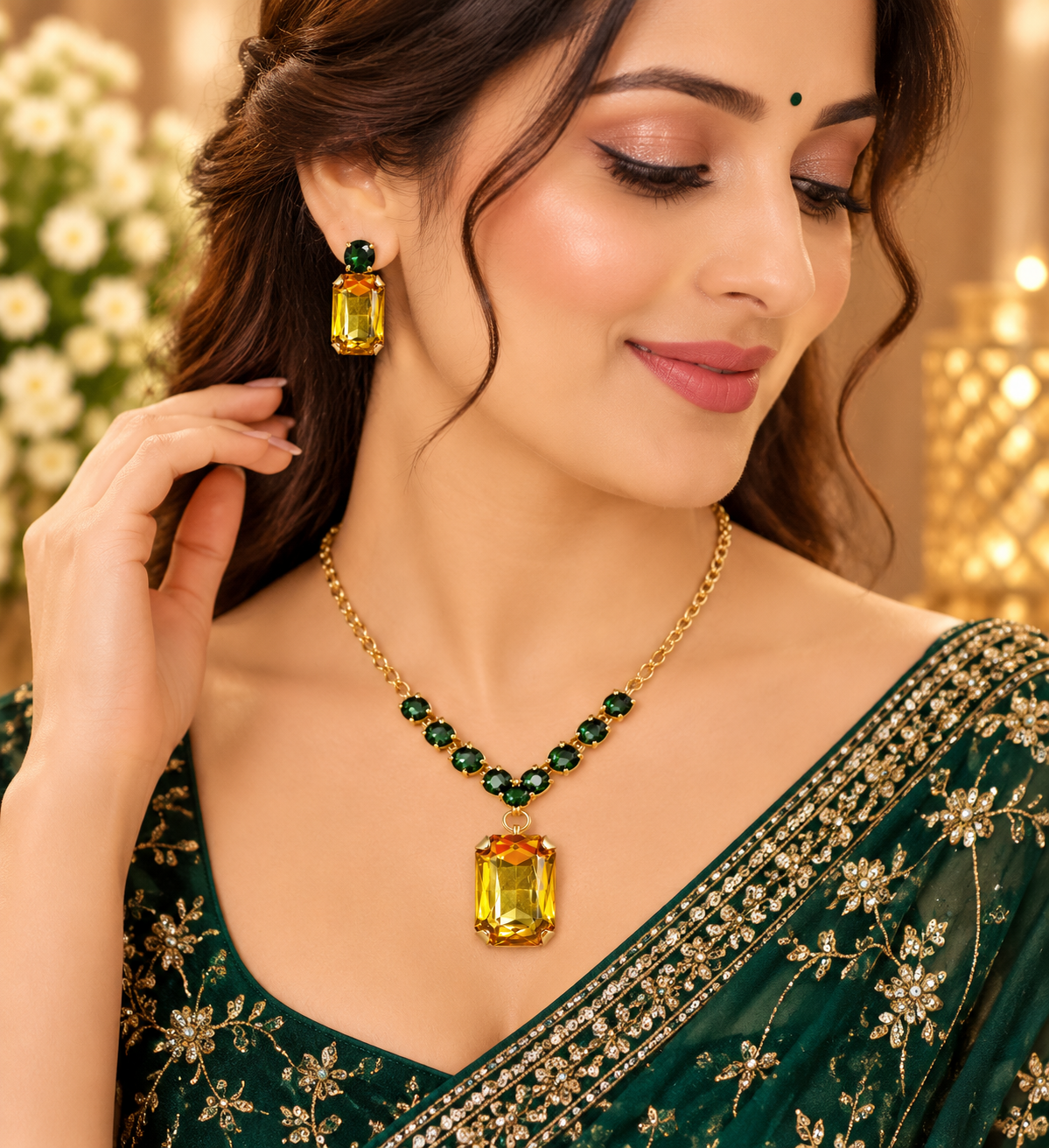 Gold-tone necklace and green-accent amber pendant with matching green-top rectangular earrings