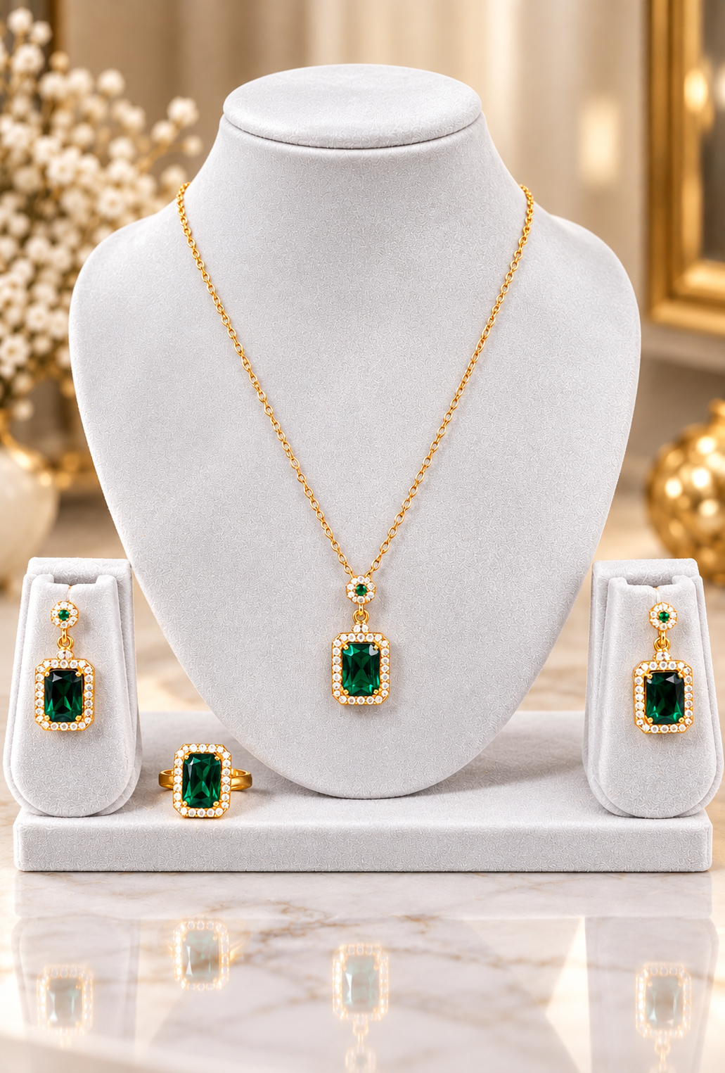 Rectangular green stone necklace set with gold-tone chain, stud earrings, and ring