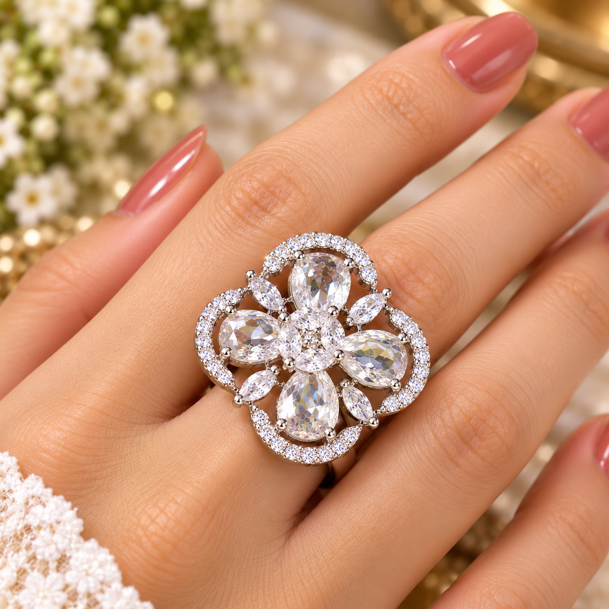 Crystal Floral Diamond-Look Statement Ring for Women