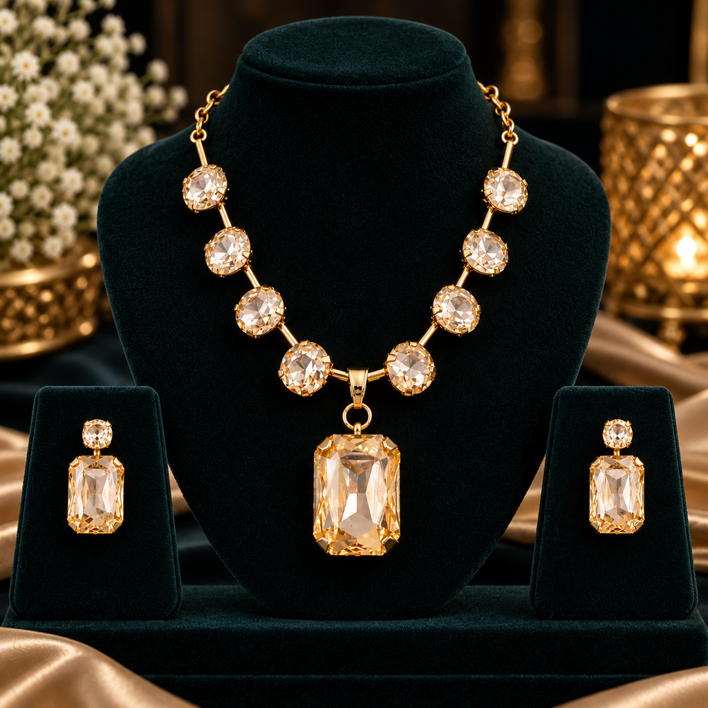 Gold-tone crystal necklace set with champagne-toned pendant and matching drop earrings