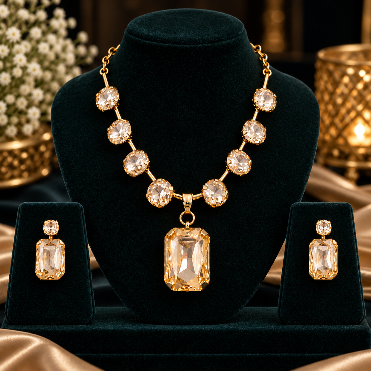 Gold-tone crystal necklace set with champagne-toned pendant and matching drop earrings