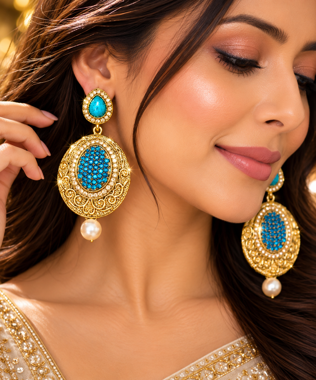 Gold-tone turquoise filigree drop earrings with pearl dangles, worn on a model