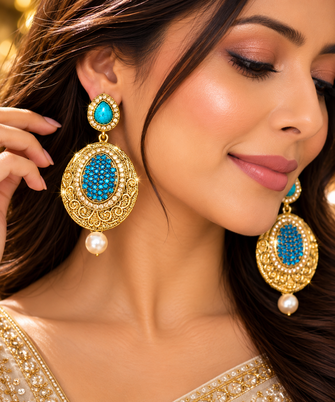 Gold-tone turquoise filigree drop earrings with pearl dangles, worn on a model