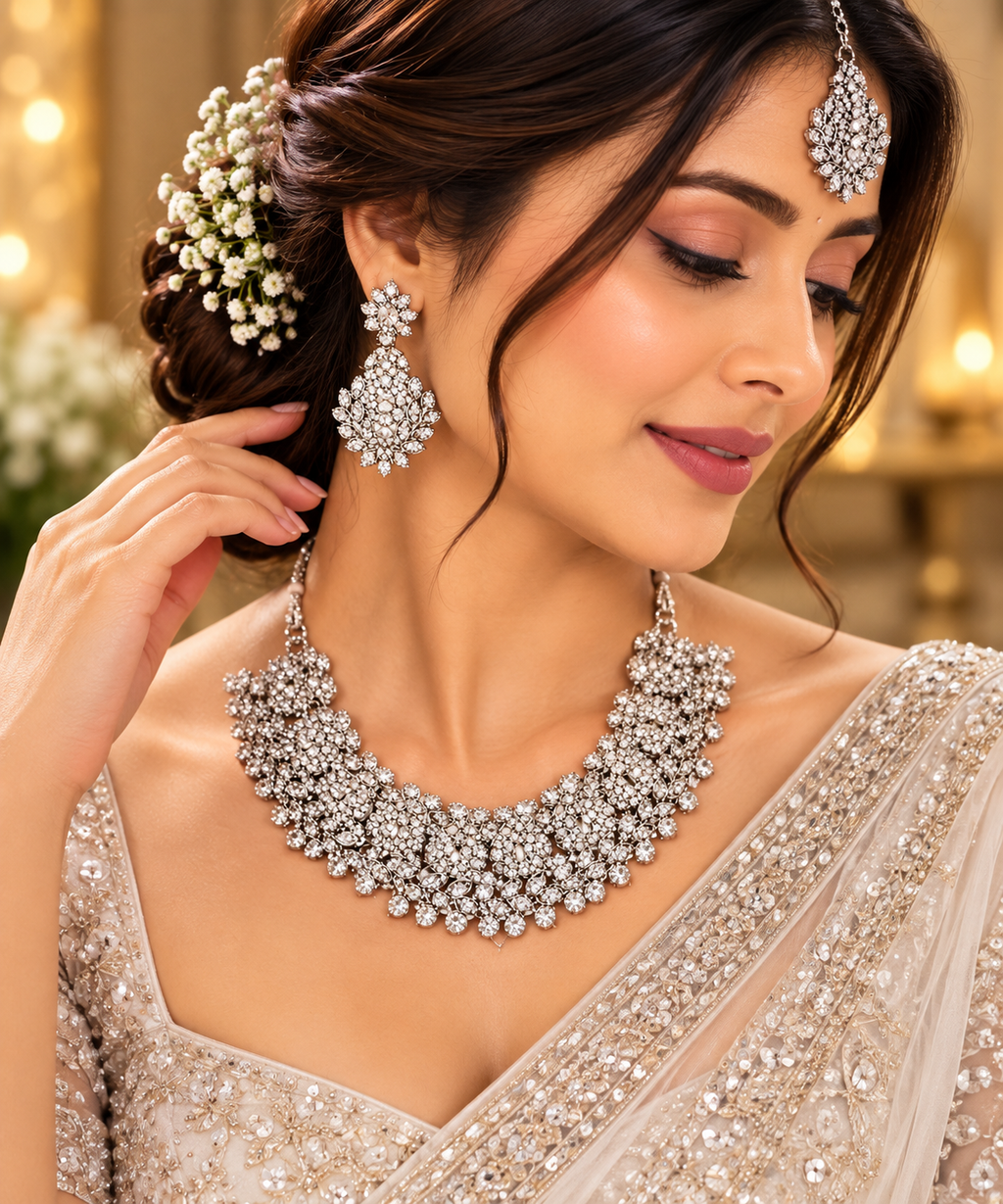 Silver-toned bridal necklace with matching earrings and maang tikka on model