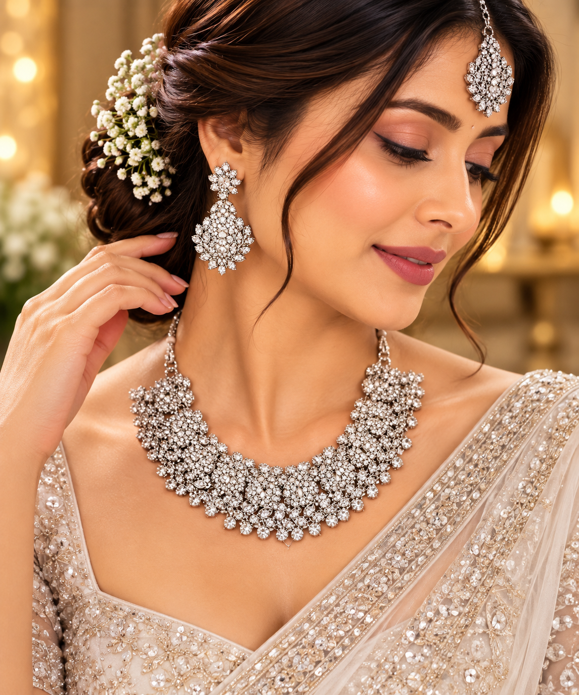 Silver-toned bridal necklace with matching earrings and maang tikka on model