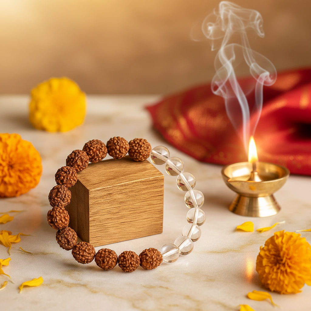 Clear Quartz/Sphatik - Rudraksha with Originality Certificate