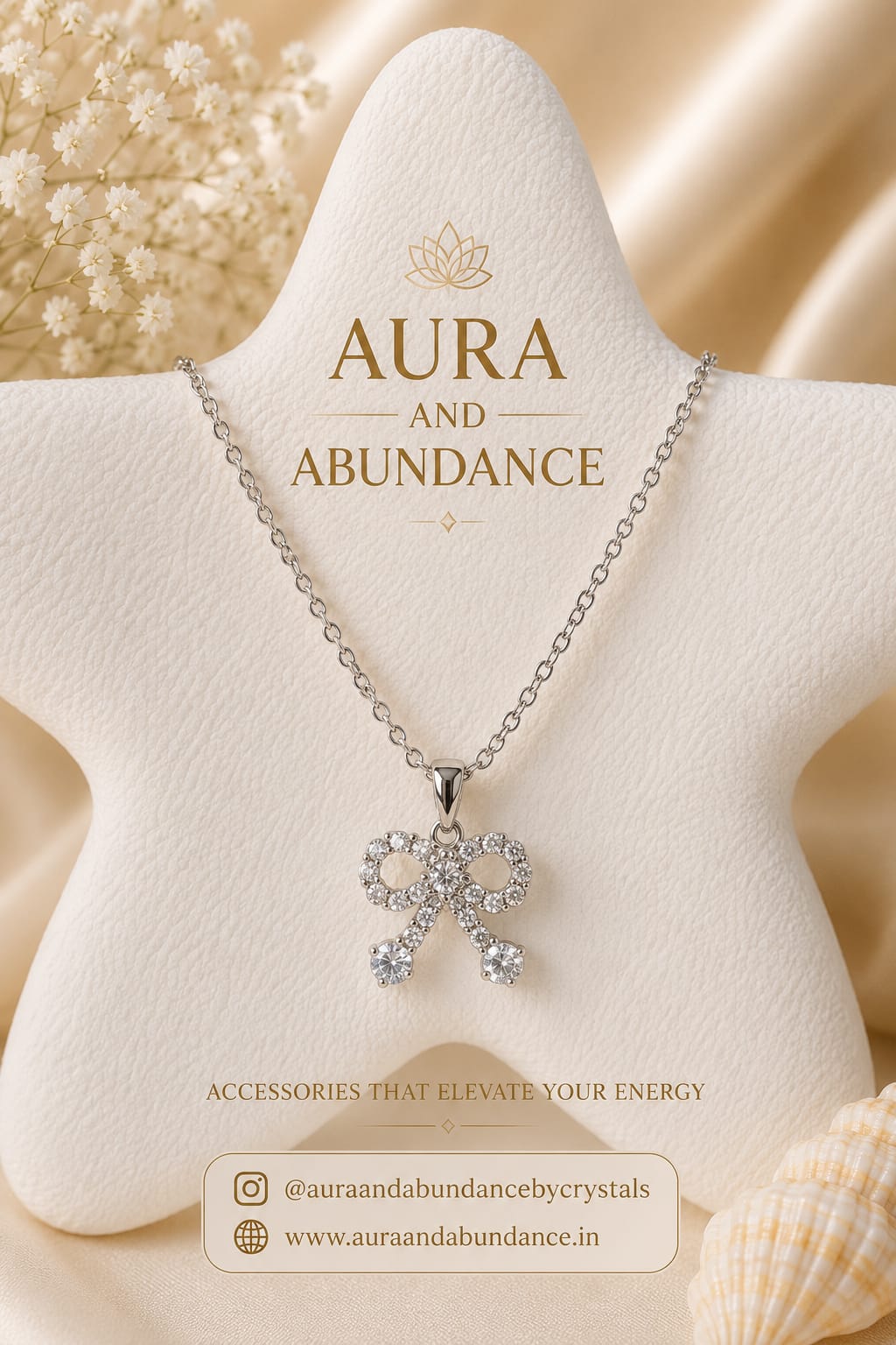 Crystal bow pendant necklace on a silver chain displayed on a cream bust.