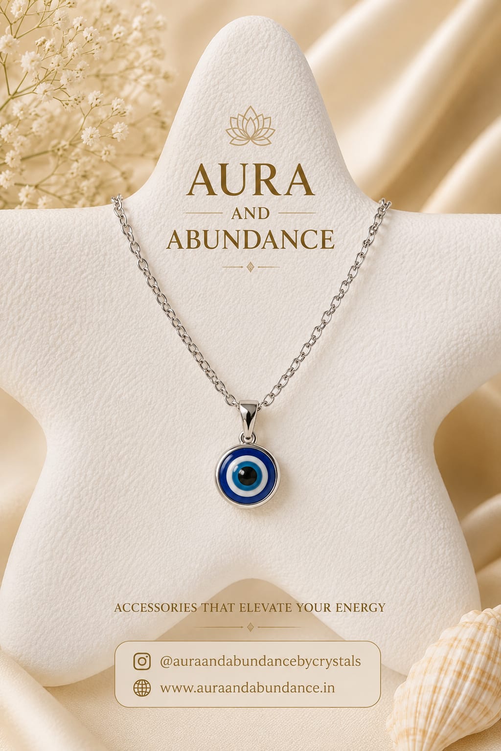 Evil eye pendant necklace with round blue enamel centerpiece and silver-tone chain