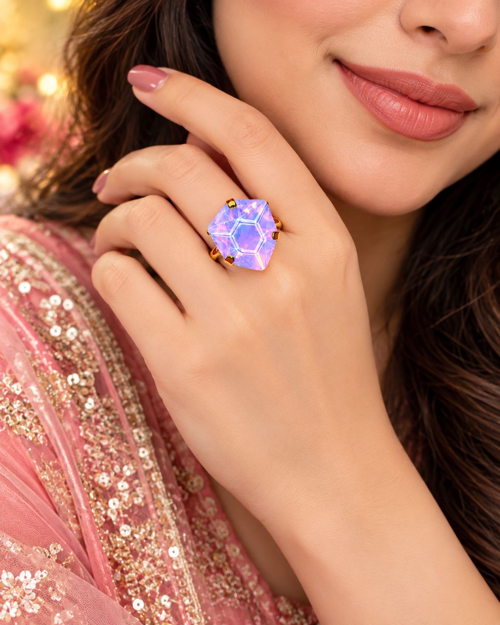 Lavender iridescent heart-shaped ring on finger with gold-tone band and faceted crystal center