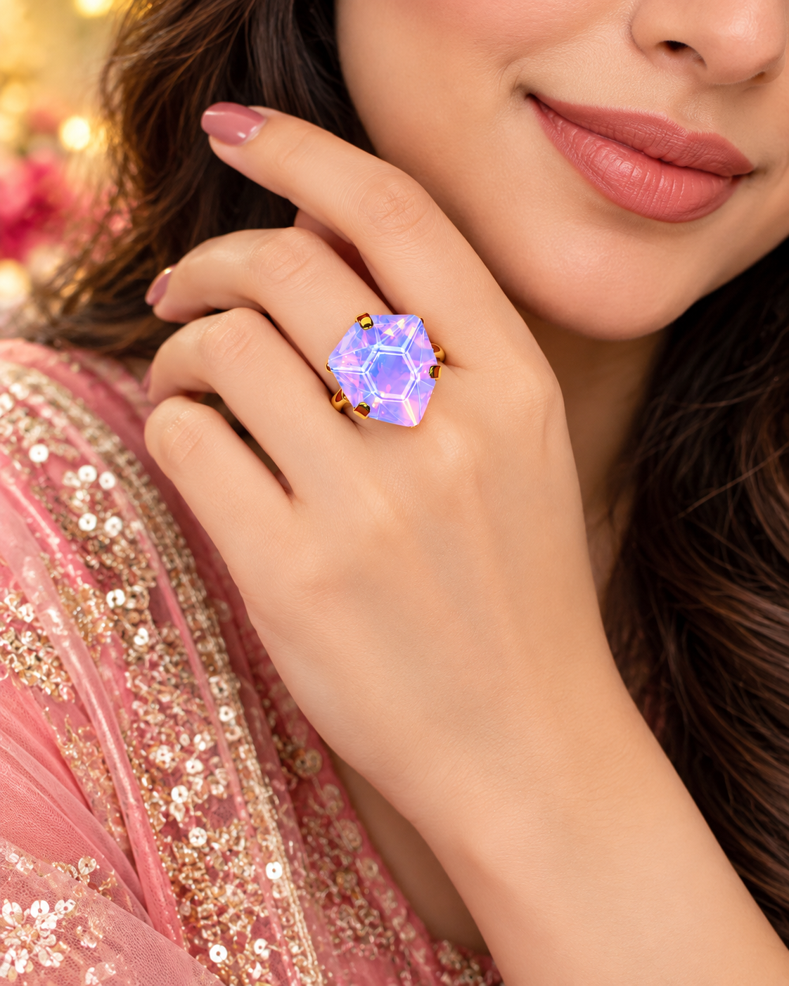 Lavender iridescent heart-shaped ring on finger with gold-tone band and faceted crystal center