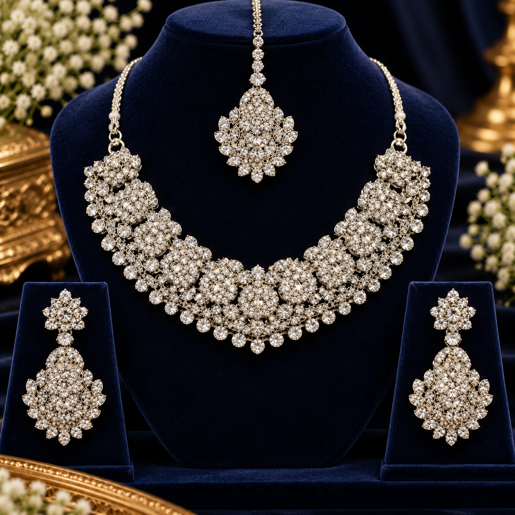 Silver-toned traditional bridal necklace set with earrings and central maang tikka on stand