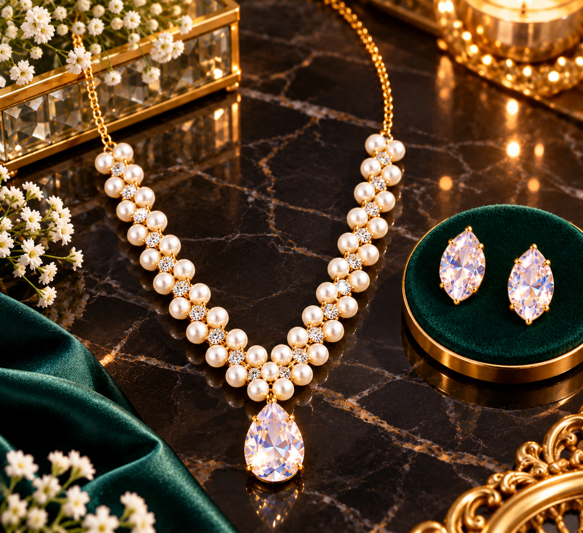Gold-tone pearl necklace with crystal teardrop pendant and matching teardrop earrings