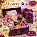 Luxury gift box with purple patterned interior, assorted jewelry, crystals, and beauty items