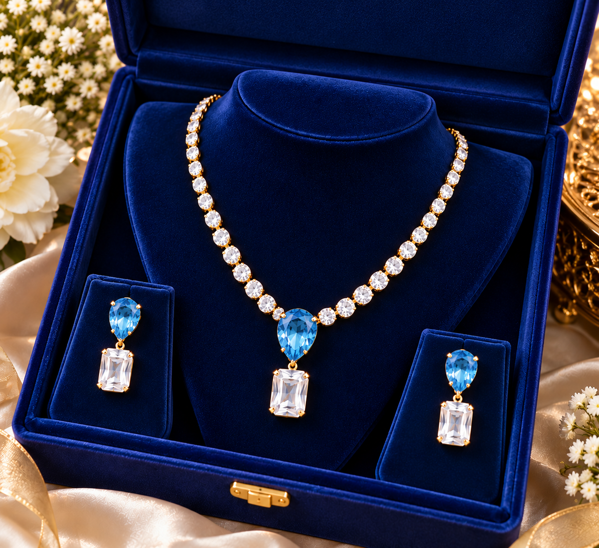 Blue velvet jewelry box with teardrop pendant necklace and dangling earrings