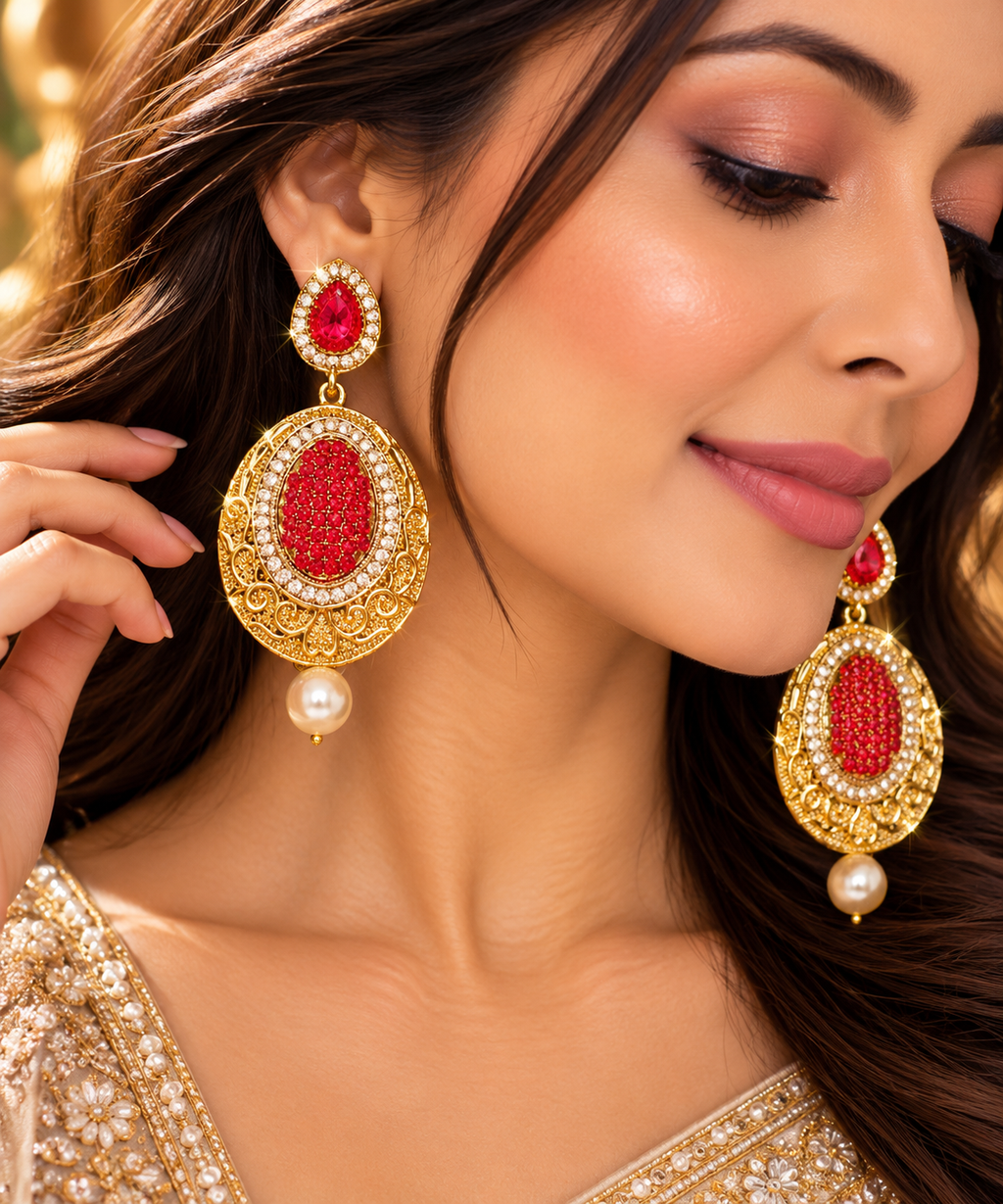 Gold-tone red oval filigree drop earrings with pearl drops worn on model