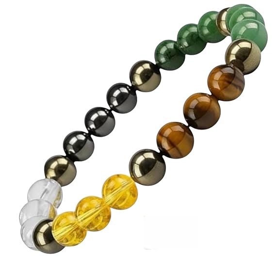 Multicolor crystal bracelet: green, gold, amber, clear beads with dark metallic spheres