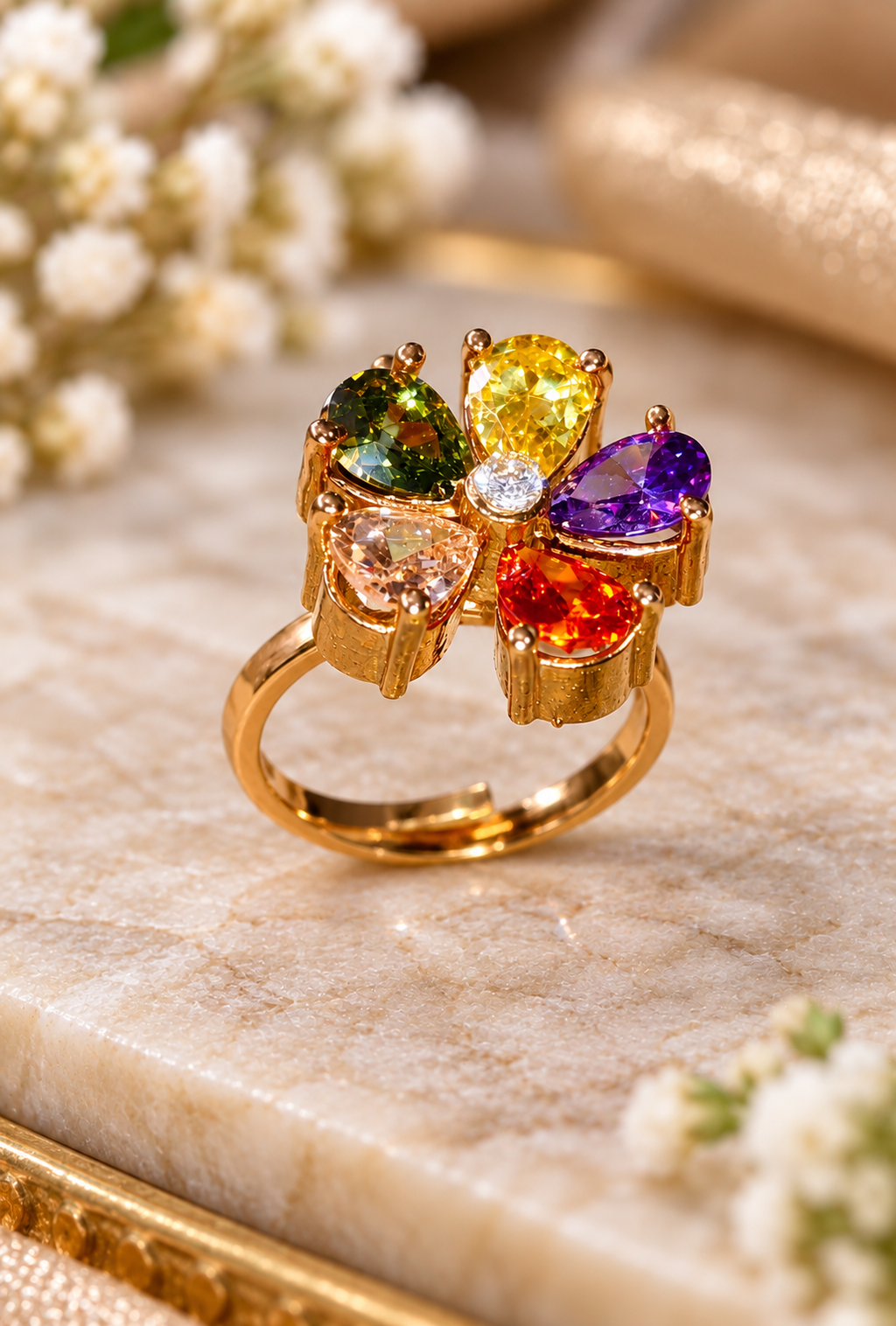 Multicolour Gemstone Flower Design Gold-Tone Ring for Women