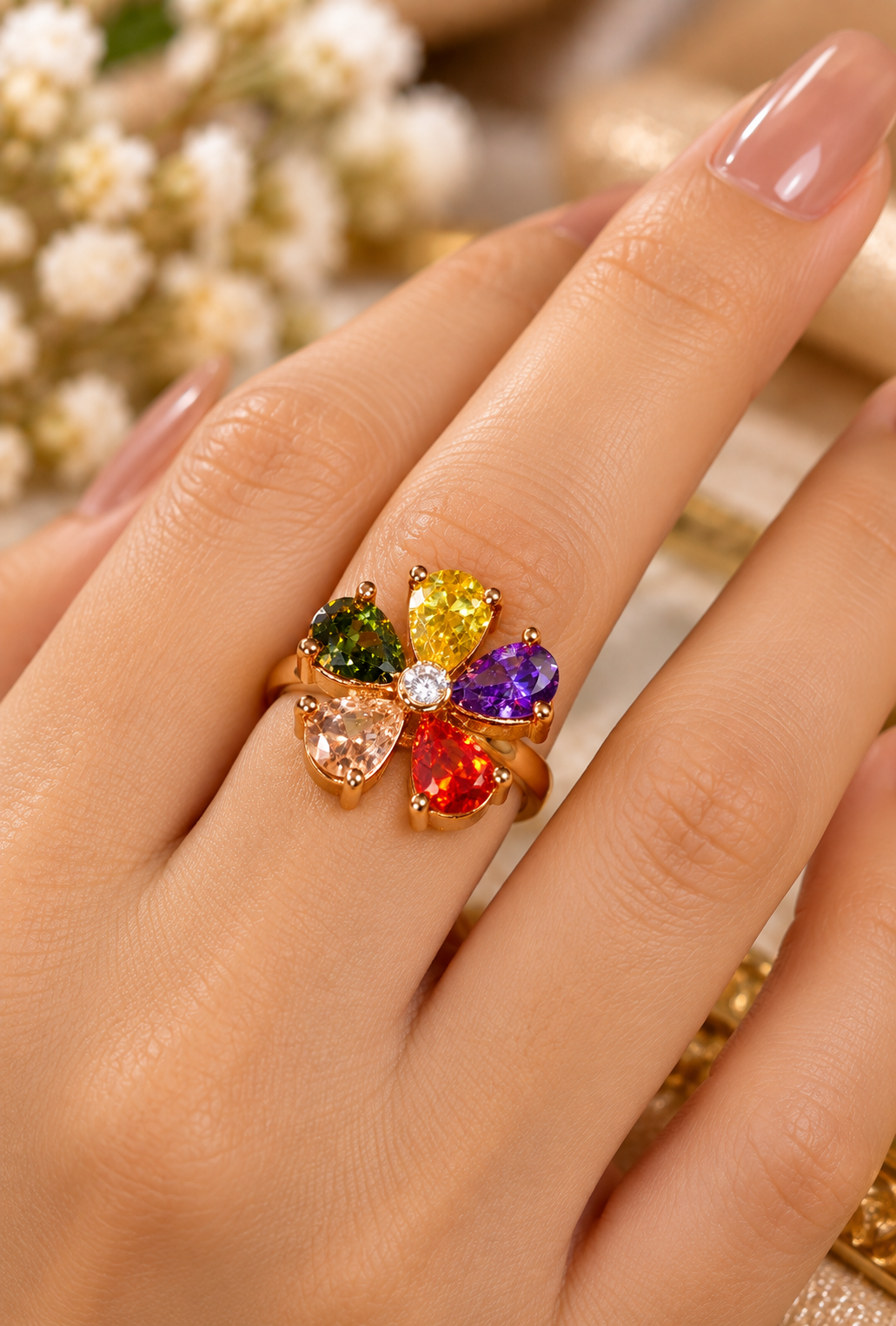 Multicolour Gemstone Flower Design Gold-Tone Ring for Women