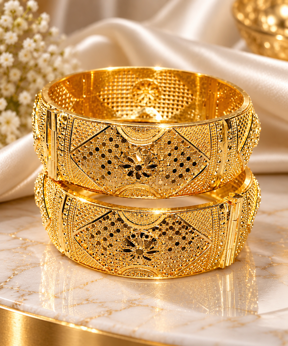 Gold-tone filigree kada set with intricate center motifs, two stacked bangles