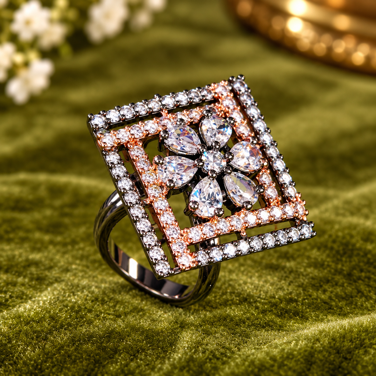 Square Floral Crystal Statement Ring for Women