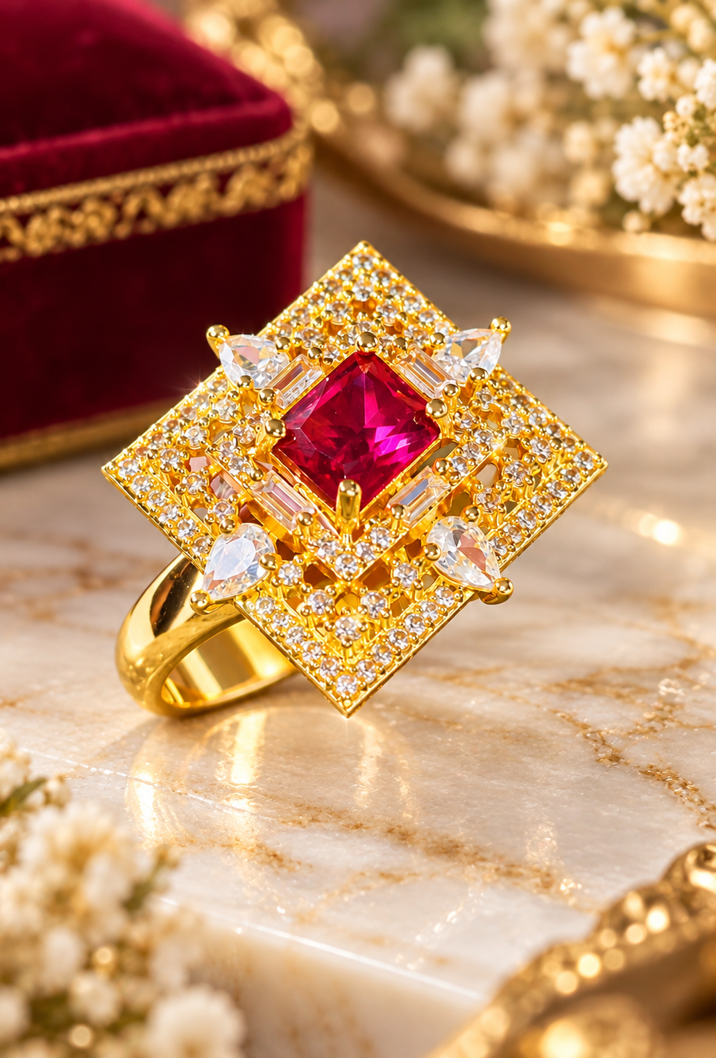 Ruby Red Square Halo Gold-Tone Statement Ring for Women