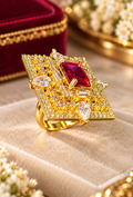 Ruby Red Square Halo Gold-Tone Statement Ring for Women