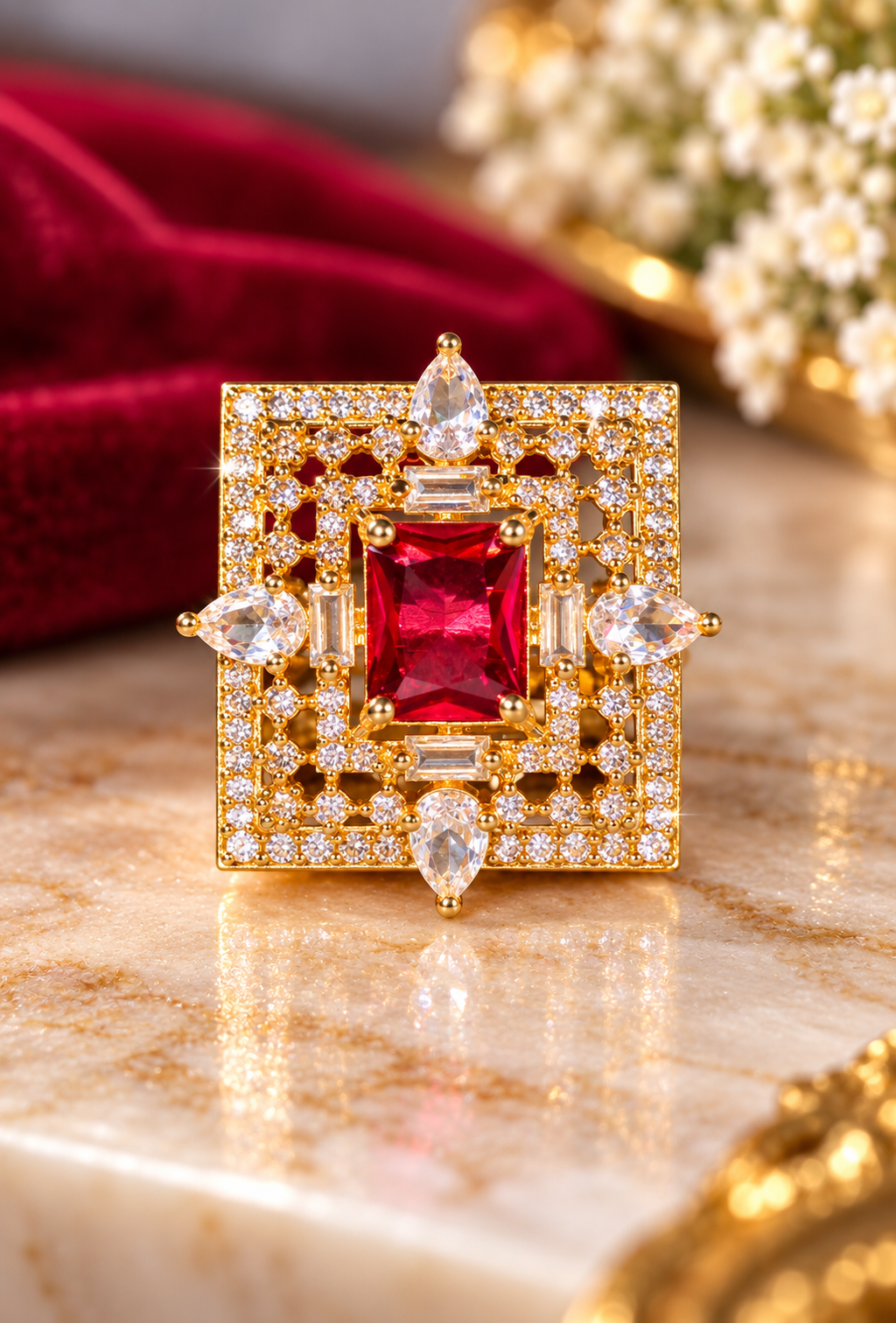 Ruby Red Square Halo Gold-Tone Statement Ring for Women