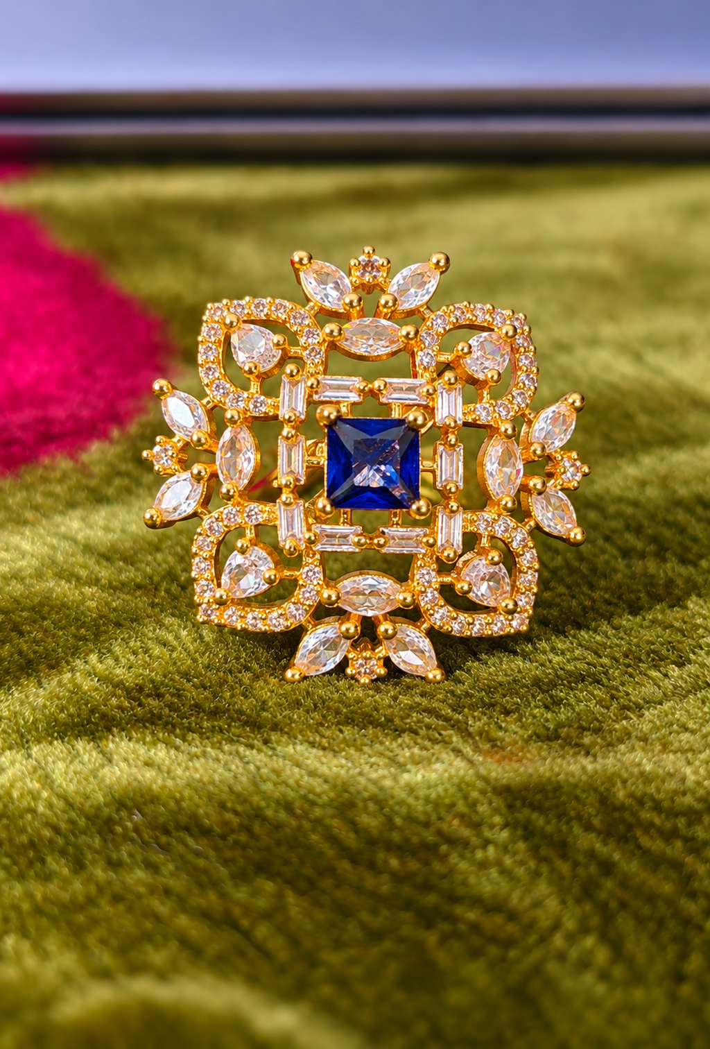 Royal Blue Square Stone Gold-Tone Floral Designer Statement Ring