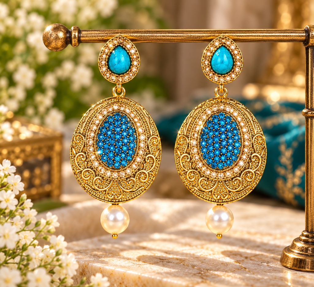 Gold-tone turquoise blue oval filigree drop earrings with pearl dangles